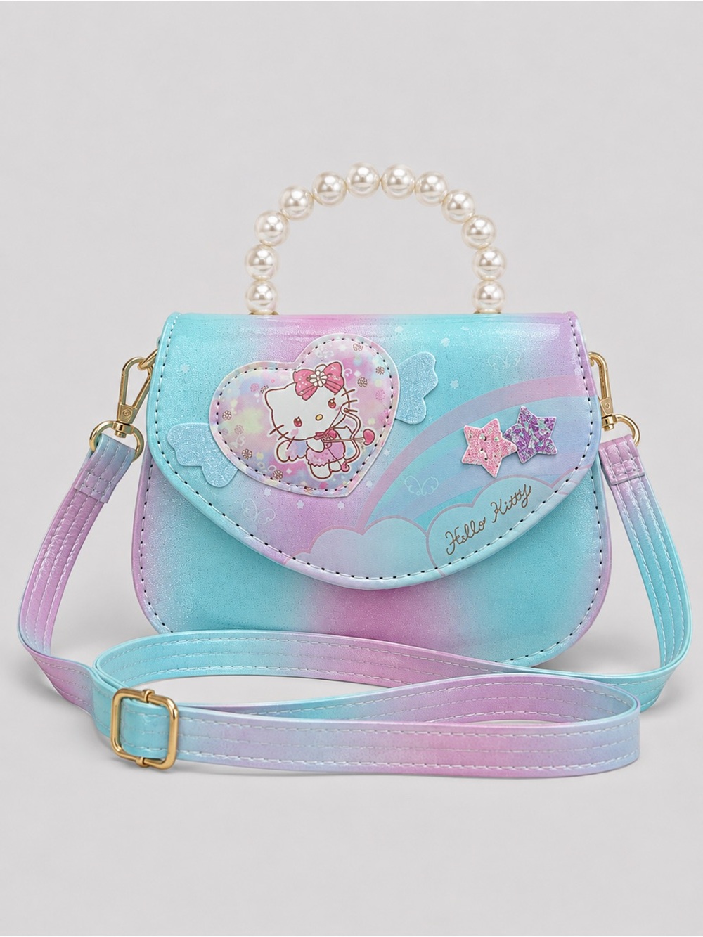 Hello Kitty Pastel Rainbow Crossbody Purse with Pearl Handle & Adjustable Strap